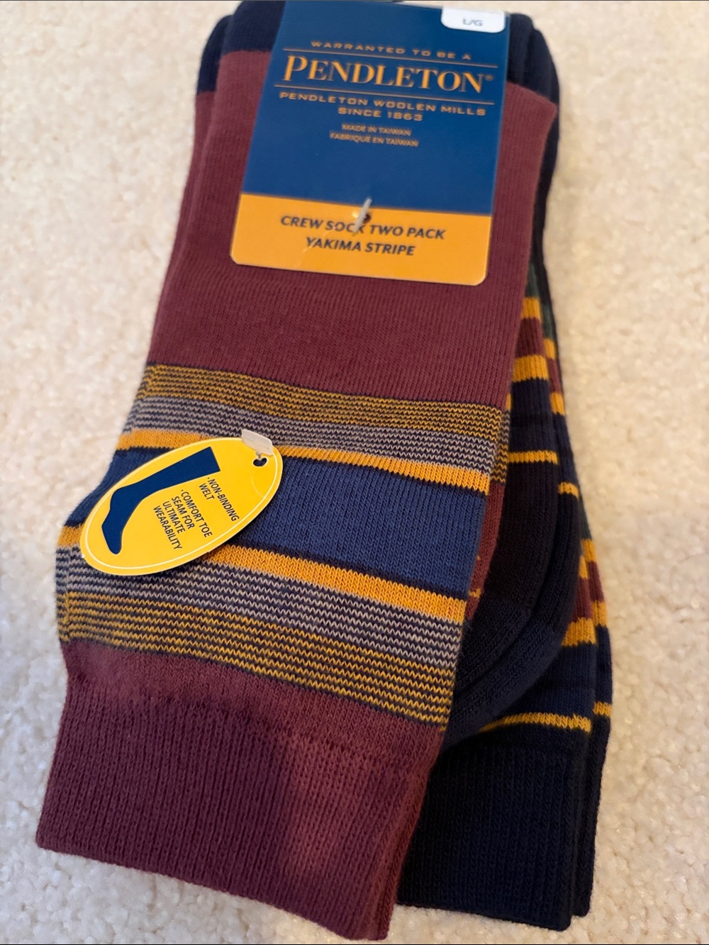 NWT Pendleton Unisex Two-Pack Crew Socks in Maroon, Navy & Yellow Yakima Stripe